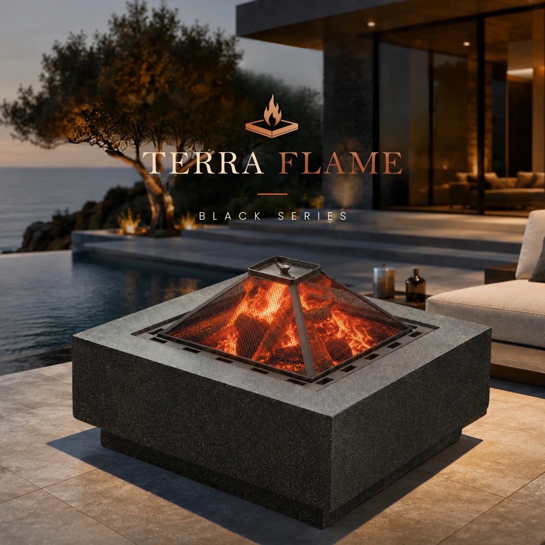 Terra Flame glowing beside a modern pool terrace